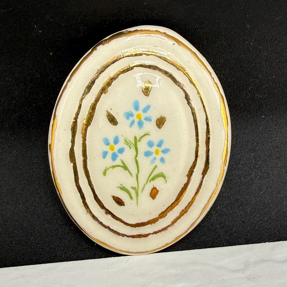 Vintage G Lotz Brooch White Blue Hand Painted Porcelain Floral Signed Artist